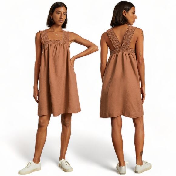 Everlane Dresses & Skirts - Everlane Tawny Brown Sleeveless Square Neckline The Smocked Linen Dress Size S